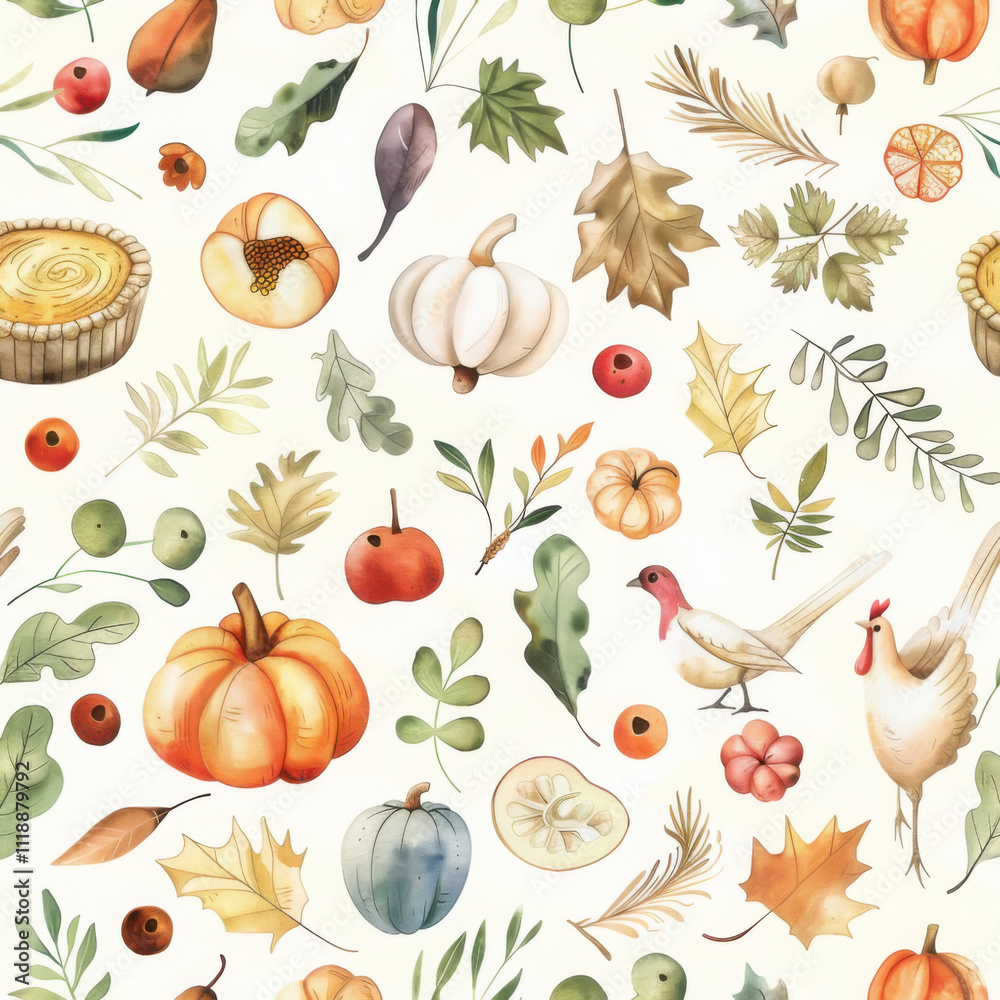 Festive thanksgiving watercolor seamless pattern with pumpkins and autumn foliage Festive thanksgiving watercolor seamless pattern with pumpkins and autumn foliage