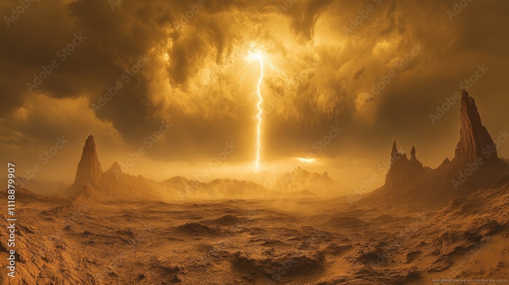 Fototapeta premium Apocalyptic Desert Landscape with Lightning Storm