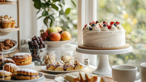 festive birthday brunch spread with pastries, fruits, and decorated cake