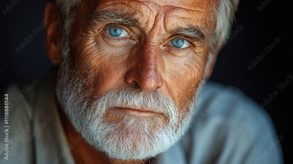 Portrait of a mature man with intense blue eyes and a contemplative expression. A close-up shot highlighting his weathered face and silver beard. The image evokes feelings of wisdom and experience. Portrait of a mature man with intense blue eyes and a contemplative expression. A close-up shot highlighting his weathered face and silver beard. The image evokes feelings of wisdom and experience.