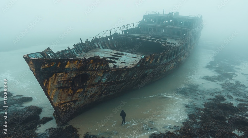 Fototapeta premium Enigmatic Shipwreck in Misty Coastline