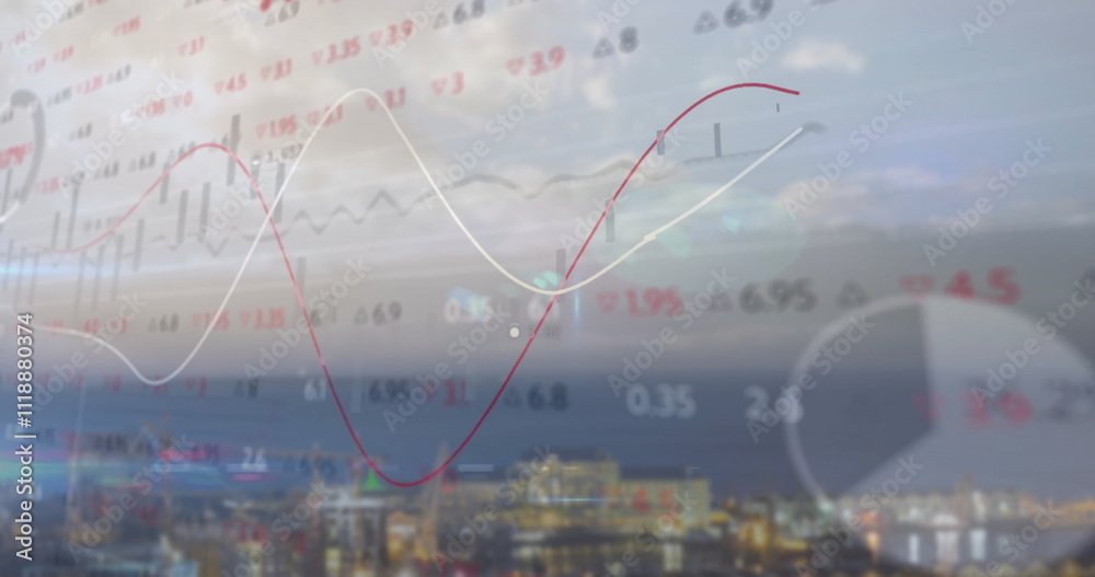 Fototapeta premium Image of financial data processing over cityscape
