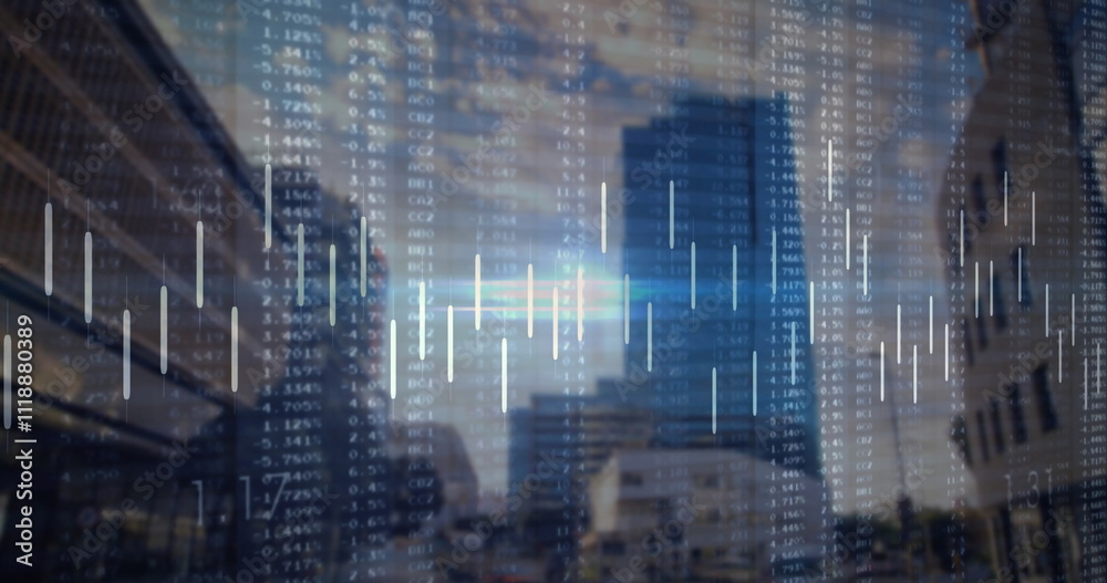 Image of financial data processing over cityscape Image of financial data processing over cityscape