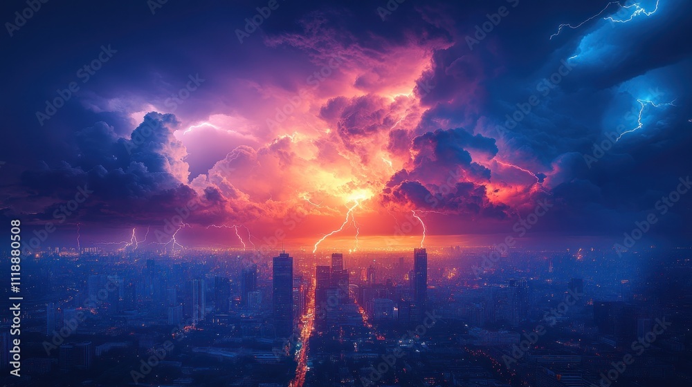 Fototapeta premium Apocalyptic Cityscape: A Stunning Thunderstorm Over a Metropolis