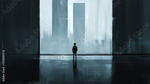 Wallpaper Mural Solitary Figure Contemplating a Hazy Metropolis from a Modern Interior Torontodigital.ca