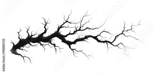 Black lightning bolt with intricate branches on transparent background, energy and nature concept