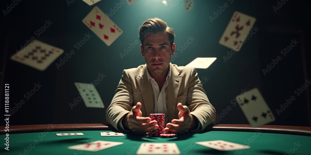 Gambling player concentrates at a poker table while cards rain down in a dimly lit casino atmosphere Gambling player concentrates at a poker table while cards rain down in a dimly lit casino atmosphere