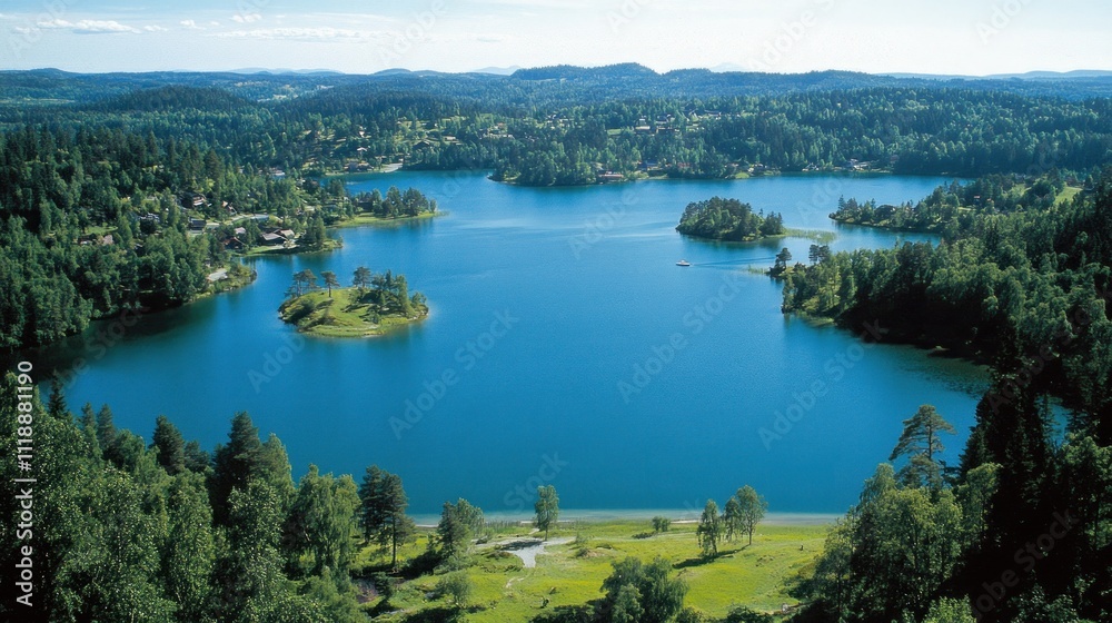 Aerial view of a serene lake surrounded by lush green forest and small islands. Aerial view of a serene lake surrounded by lush green forest and small islands.