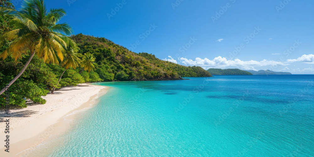 Fototapeta premium vibrant tropical beach with turquoise water, palm trees, and lush green hills