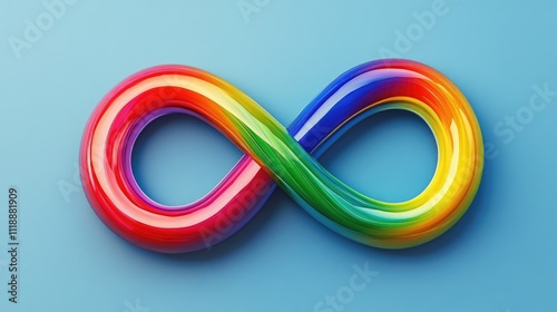 Rainbow shaped infinity symbol is on a blue background. Concept of endlessness and possibility