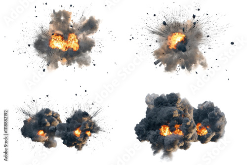 A set of explosions isolated on a white background in UHD quality.