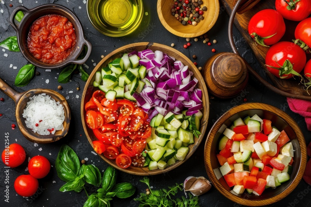Overhead shot of chopped vegetables, herbs, and spices prepared for cooking.