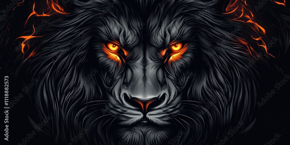 Fierce black lion with fiery eyes, close-up. Fierce black lion with fiery eyes, close-up.