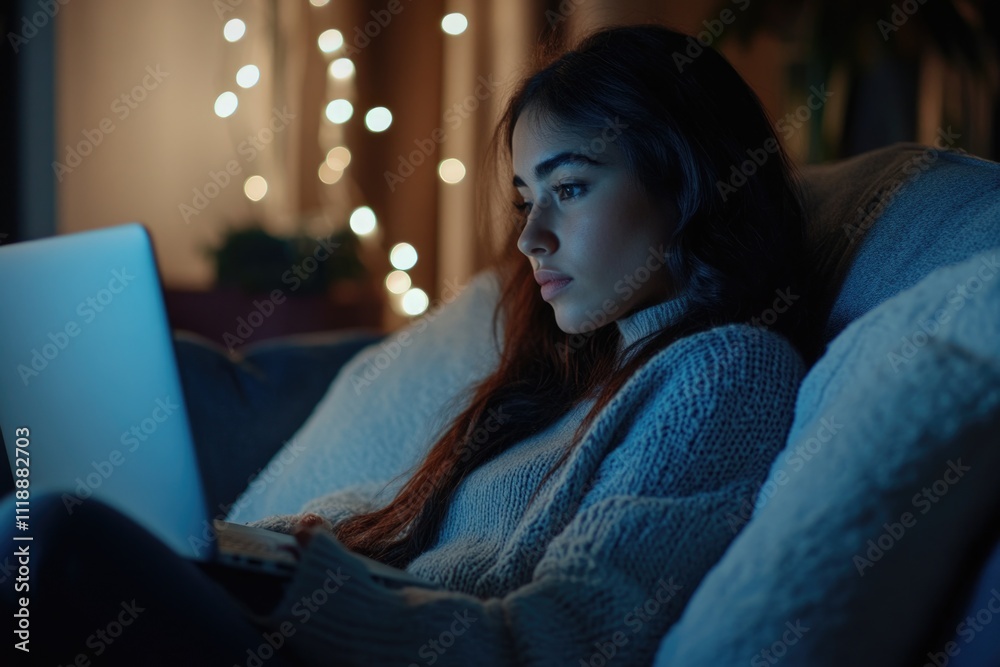 A woman engrossed in her laptop screen during the evening hours, possibly late at night, as indicated by her focused and relaxed expression while comfortably settled on a couch. A woman engrossed in her laptop screen during the evening hours, possibly late at night, as indicated by her focused and relaxed expression while comfortably settled on a couch.