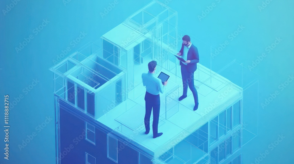 Obraz premium Two professionals discussing plans on a modern building structure.