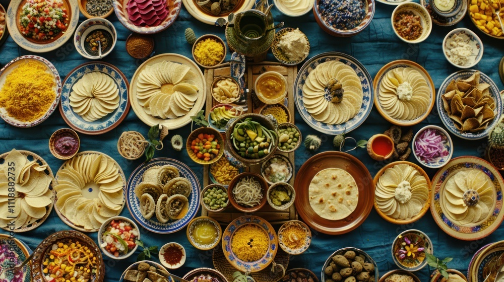 Overhead view of a vibrant and diverse spread of food, featuring various dishes, bowls, and spices arranged on a textured blue surface. Overhead view of a vibrant and diverse spread of food, featuring various dishes, bowls, and spices arranged on a textured blue surface.