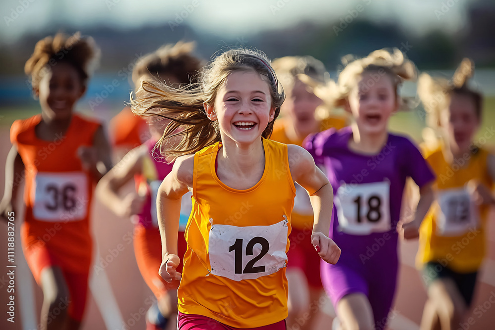 Fototapeta premium Group of young girls participating in a running race on an outdoor track, with a smiling child in the lead. Youth sports and competition concept. Design for banners, posters, and educational materials