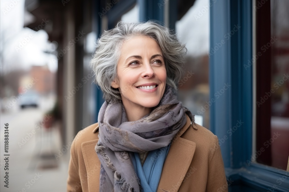 Portrait of a happy senior woman in a coat and scarf in the city Portrait of a happy senior woman in a coat and scarf in the city