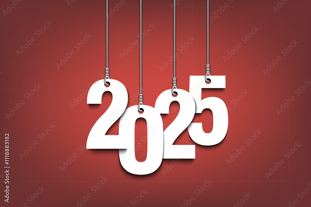 New Year number 2025 as a Christmas decorations hanging on strings. 2025 hang on cords on an isolated background. Design pattern for greeting card. Vector illustration New Year number 2025 as a Christmas decorations hanging on strings. 2025 hang on cords on an isolated background. Design pattern for greeting card. Vector illustration