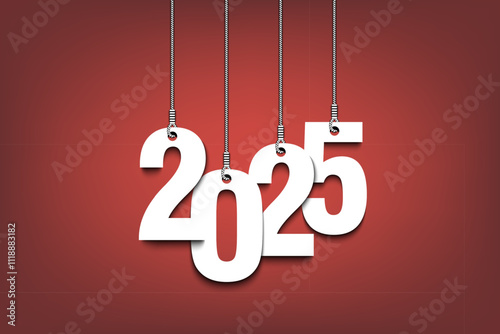 New Year number 2025 as a Christmas decorations hanging on strings. 2025 hang on cords on an isolated background. Design pattern for greeting card. Vector illustration photo