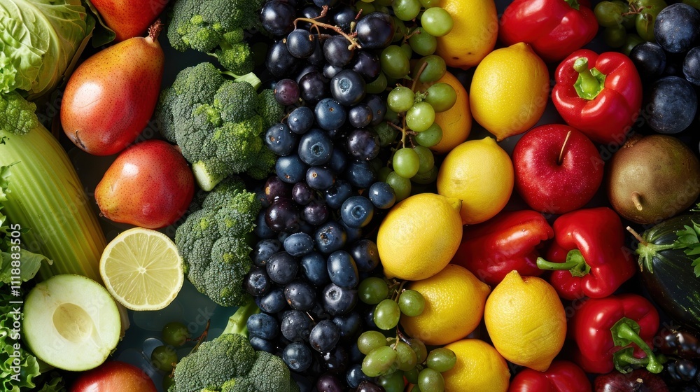 Vibrant rainbow of fresh fruits and vegetables arranged in rows. Vibrant rainbow of fresh fruits and vegetables arranged in rows.