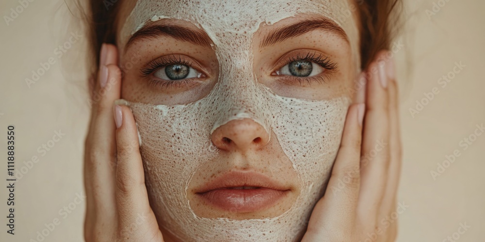 Close-up of a woman applying a skincare mask, focusing on her facial features and the texture of the product.