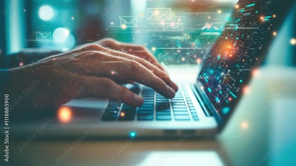 Hands Typing on Laptop with Data Flow Hands Typing on Laptop with Data Flow