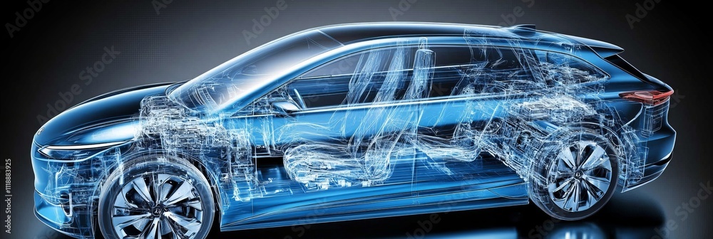 Modern Electric SUV with Transparent Bodywork, Revealing Internal Framework and Powertrain Modern Electric SUV with Transparent Bodywork, Revealing Internal Framework and Powertrain