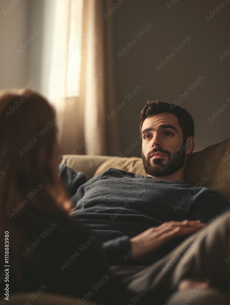 Man and a woman are sitting on a couch, the man looking at the woman. The woman is wearing a blue shirt Man and a woman are sitting on a couch, the man looking at the woman. The woman is wearing a blue shirt