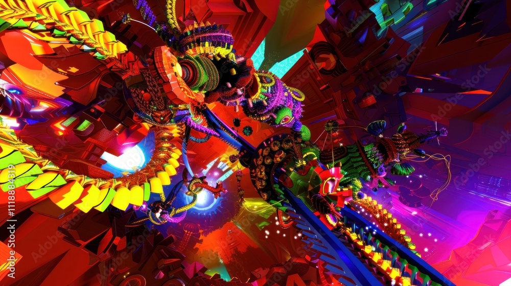 Naklejka premium Abstract vibrant 3D digital art of complex geometric shapes and structures in red, orange, yellow, green, and blue.