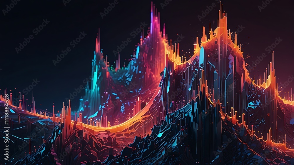 Obraz premium Vibrant digital landscape with glowing, abstract mountains and peaks in dark colors.