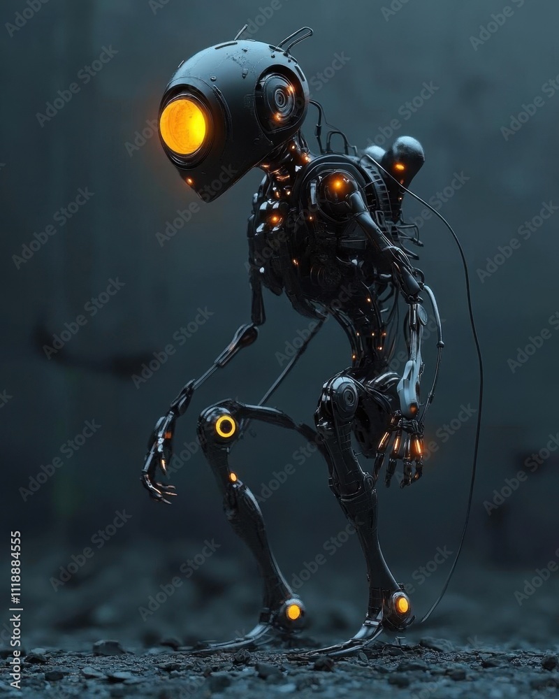 A futuristic robot with glowing elements in a dimly lit environment. A futuristic robot with glowing elements in a dimly lit environment.