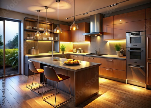 Stunning Night Kitchen 3D Render: Modern Interior Design, Illuminated Countertops, Realistic Lighting