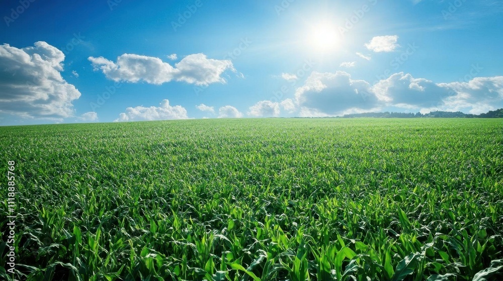 Lush green field under a bright blue sky with fluffy clouds. Lush green field under a bright blue sky with fluffy clouds.