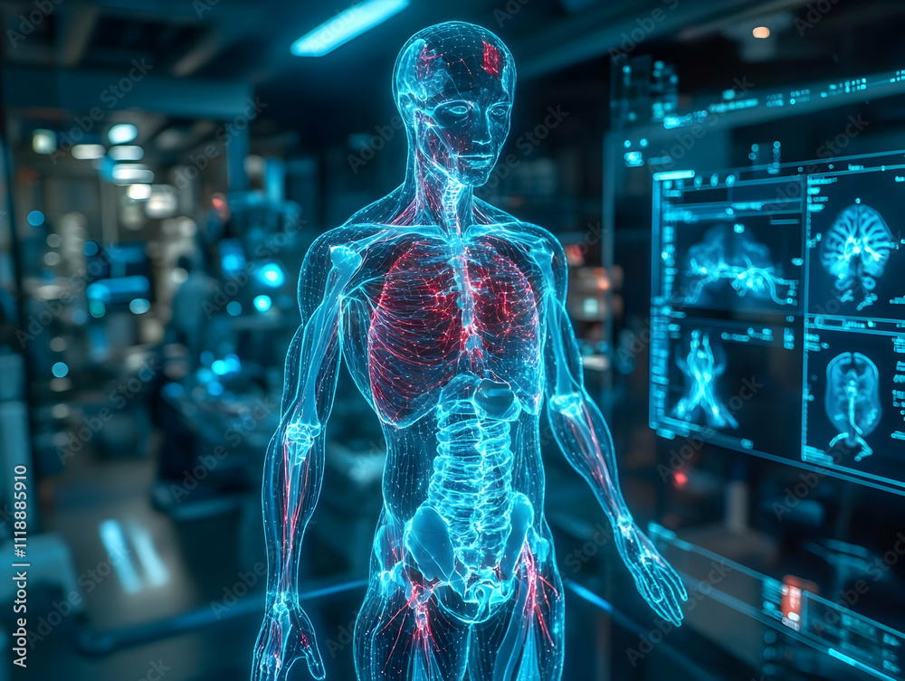 A holographic representation of the human body with detailed anatomical features and data displays. A holographic representation of the human body with detailed anatomical features and data displays.