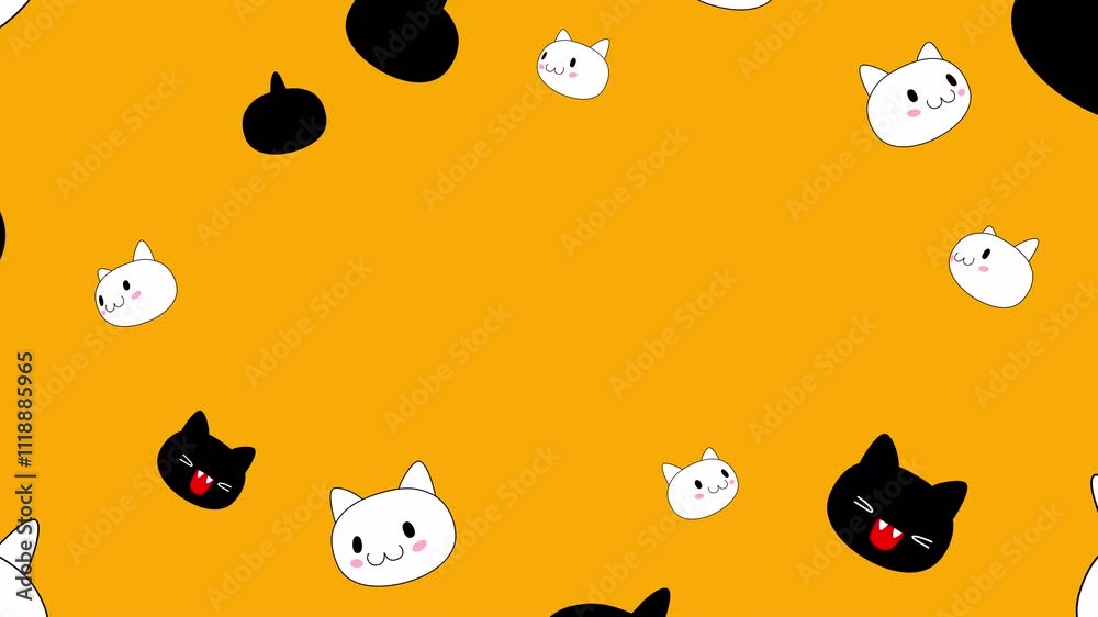 Outline cartoon 3d animation of black and white cat faces flying toward camera. Cute kitties on a transparent alpha channel