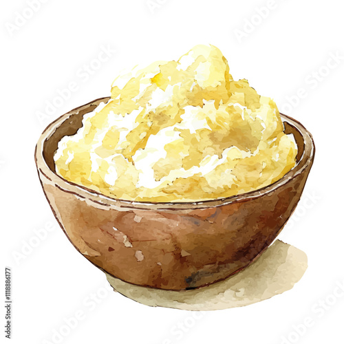 A watercolor illustration of a bowl of mashed potatoes, isolated on a white background. Bowl of mashed potatoes vector.