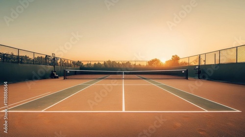 A serene tennis court at sunset, inviting for a game or practice.