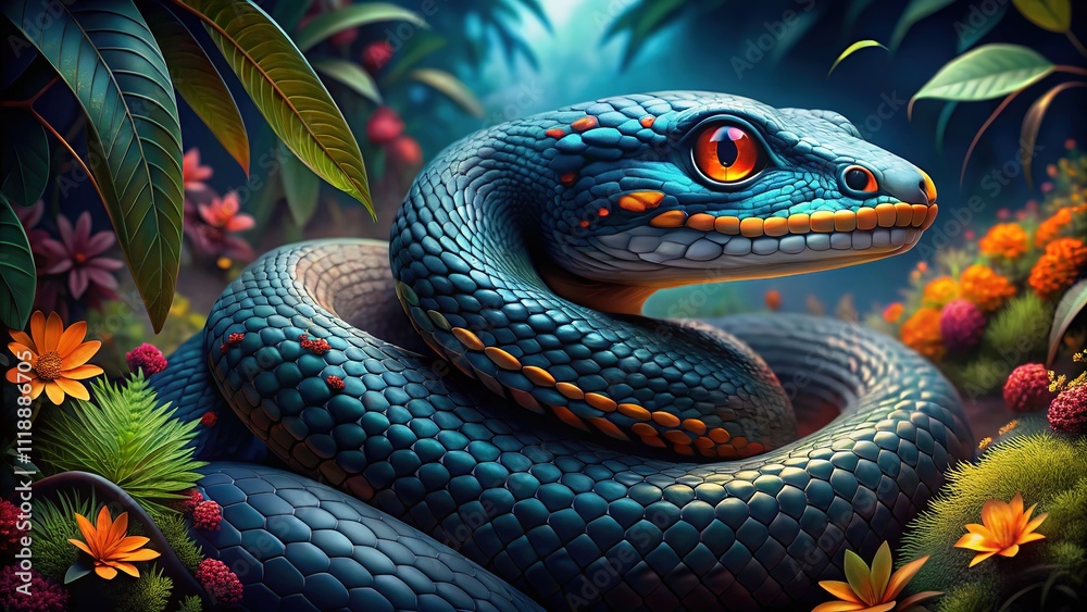 Blue Snake in Dark Forest - Vivid Illustration Blue Snake in Dark Forest - Vivid Illustration