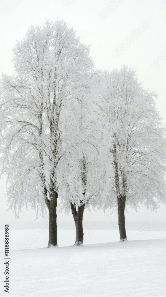 Three frosted trees in a snowy landscape under a gray sky. Three frosted trees in a snowy landscape under a gray sky.