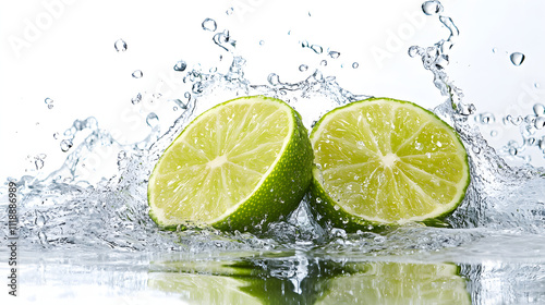 A dynamic splash of water around two lime slices, creating an energetic and refreshing visual effect on a white background. 