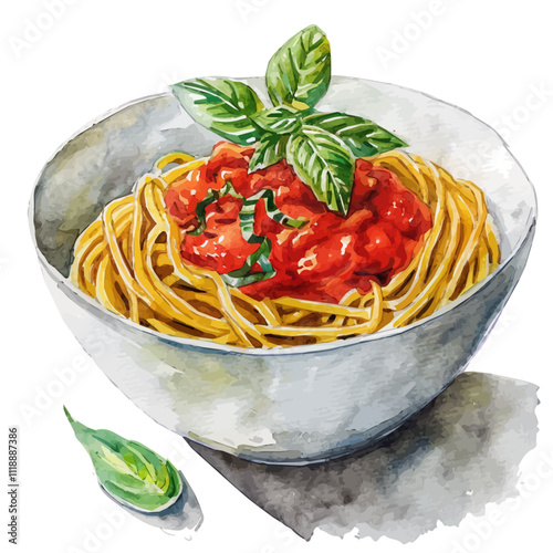 A watercolor vector of a bowl of pasta with marinara, isolated on a white background. Bowl of pasta with marinara vector.