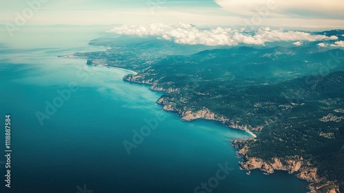 Aerial View of Coastal Mountains and Ocean