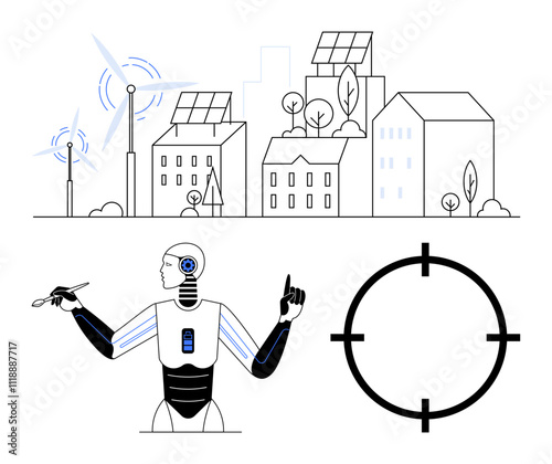 Wind turbines and solar panel buildings represent renewable energy, while a robot interacts below. Ideal for technology, sustainability, urban planning, robotics, renewable energy, smart cities