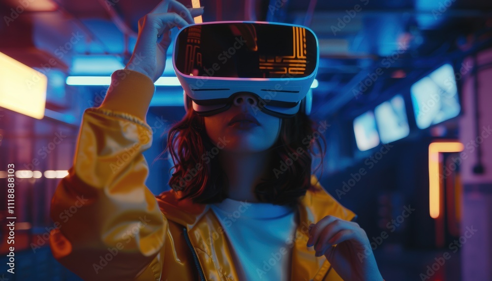A person wearing virtual reality goggles in a neon-lit environment. A person wearing virtual reality goggles in a neon-lit environment.