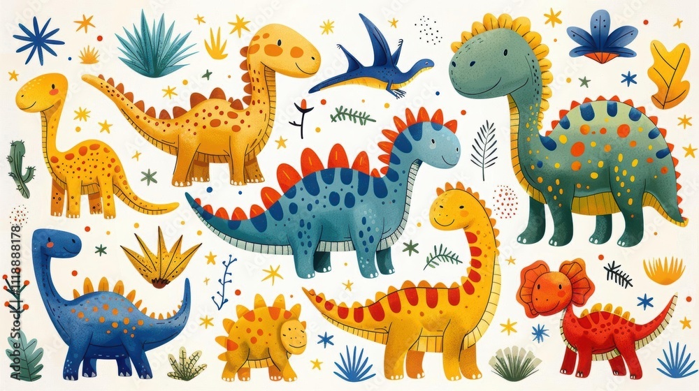 Colorful cartoon dinosaurs surrounded by plants and foliage. Colorful cartoon dinosaurs surrounded by plants and foliage.