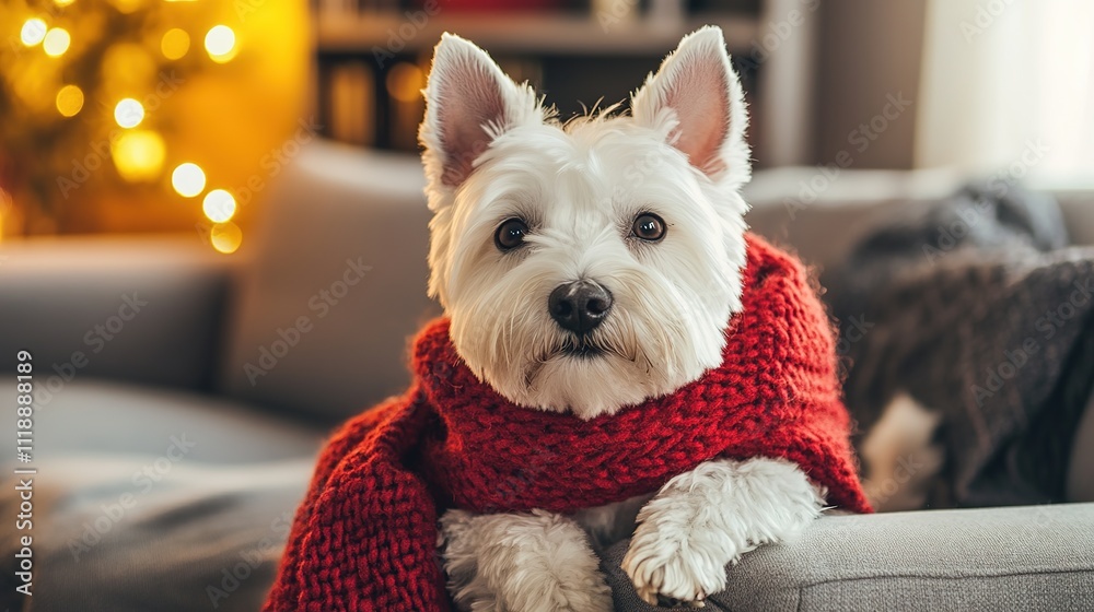 Cute Little West Highland White Terrier Wearing a Scarf Sitting on the Sofa Watching TV Series - Enjoying the Warmth of the Living Room Cute Little West Highland White Terrier Wearing a Scarf Sitting on the Sofa Watching TV Series - Enjoying the Warmth of the Living Room