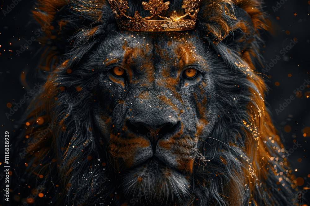 Naklejka premium lion with crown, grayscale, portrait, realistic style, dark background, golden highlights,. 