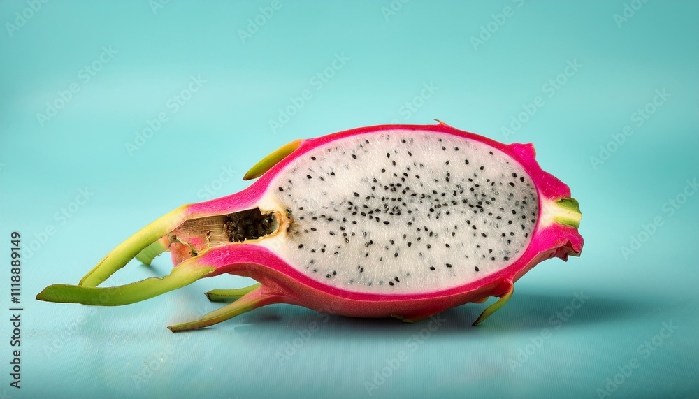 Vibrant half of a dragon fruit against a blue backdrop. Vibrant half of a dragon fruit against a blue backdrop.