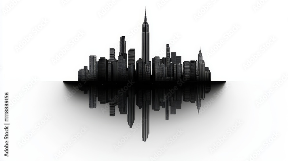 Naklejka premium Abstract layered city silhouette, black vector design with varying line weights, isolated on white, a modern twist on classic skyline art
